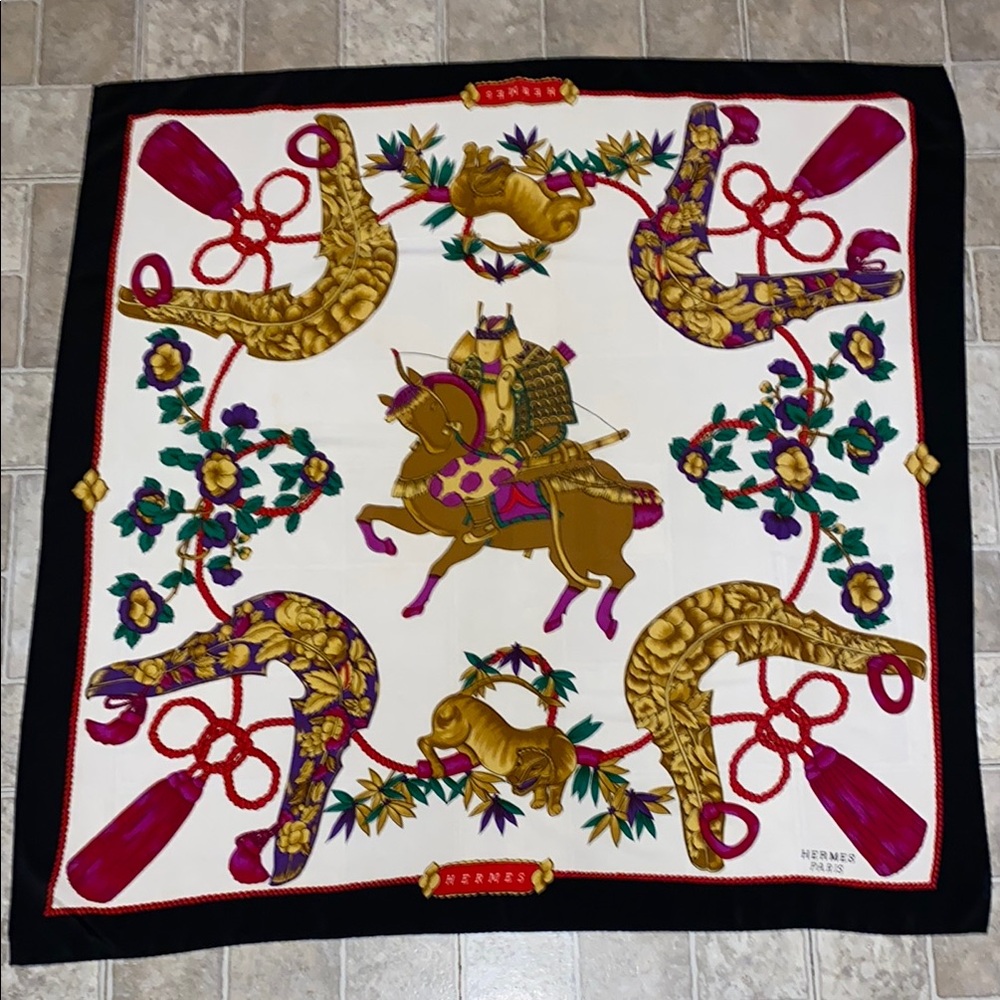 Hermes Multicolor Silk Scarf with Gold, Cream, Pink and Green 34 x 34